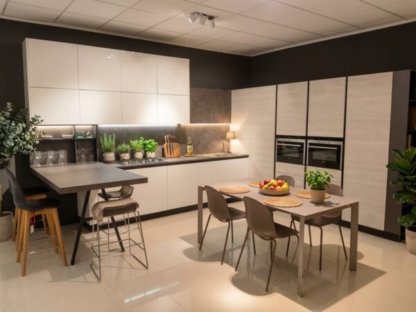 cucina ad angolo con snack laccata bianca e legno chiaro con kit elettrodomestici Siemens